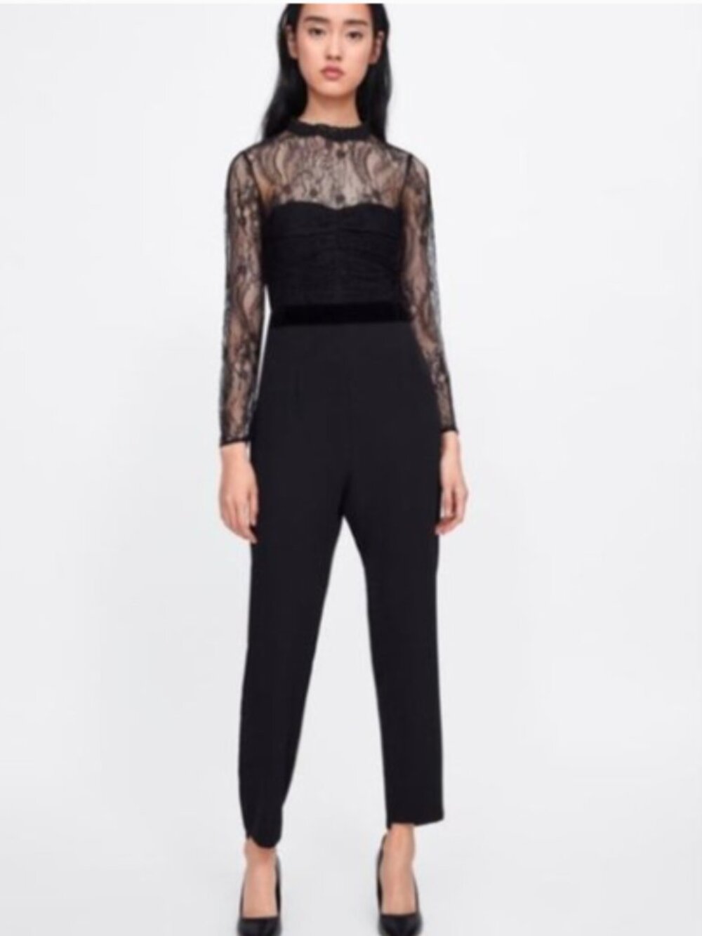 Zara Black Lace Contrast Velvet Band Long Sleeve Jumpsuit